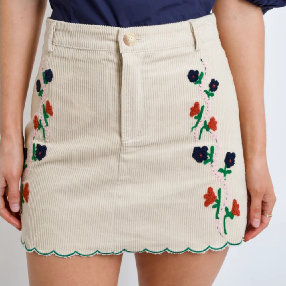 Jacquie The Label Elena Embroidered Corduroy‎ Mini Skirt Beige Red/Blue Floral L
